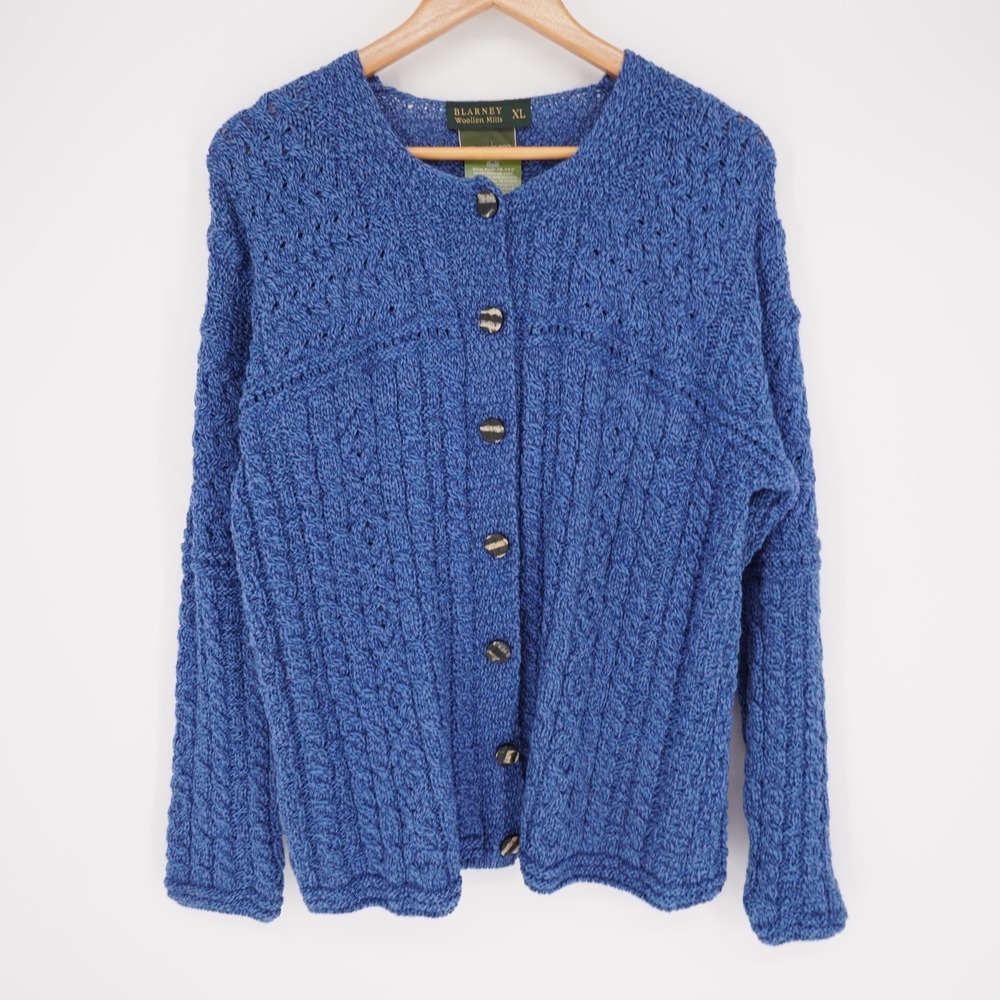 Blarney Woolen Mills 100% Merino Cable Knit Cardigan XL Blue Ireland Chunky